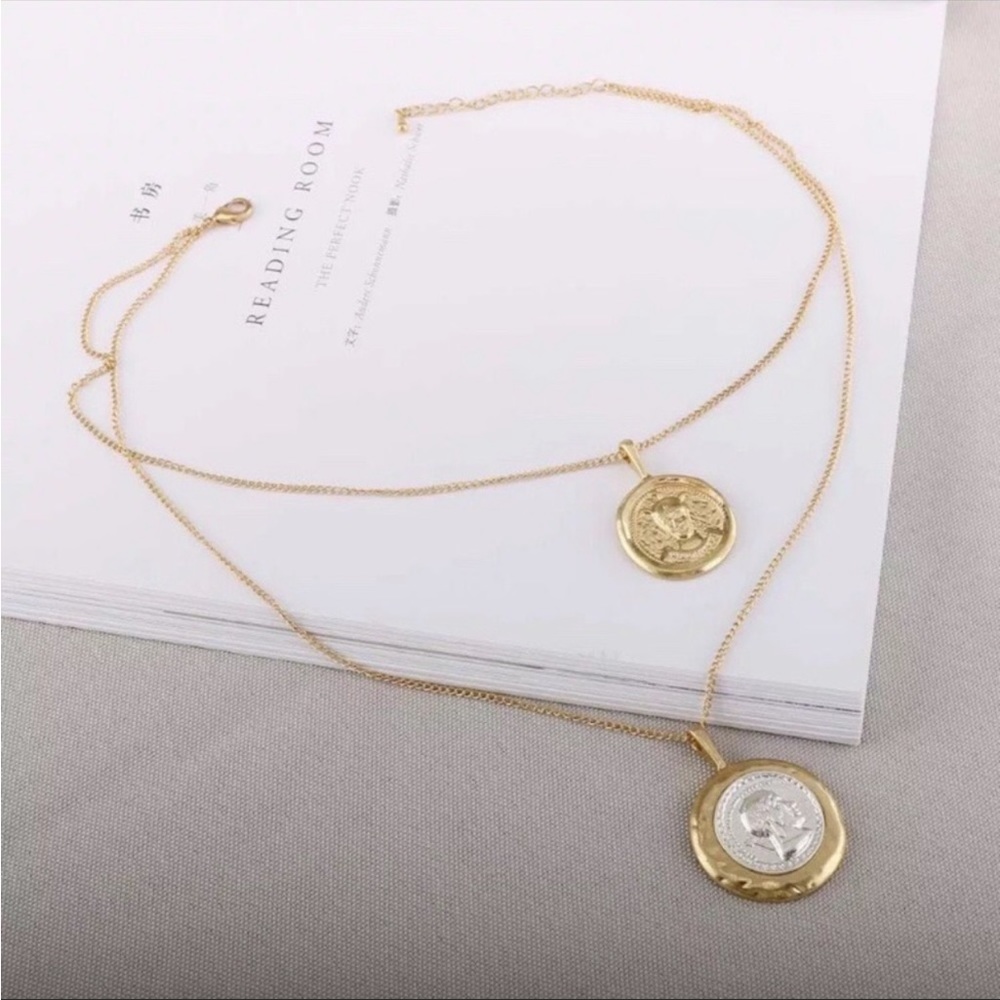 Coin Pendant Vintage Double Chain Layered Necklace - Picture 9 of 11